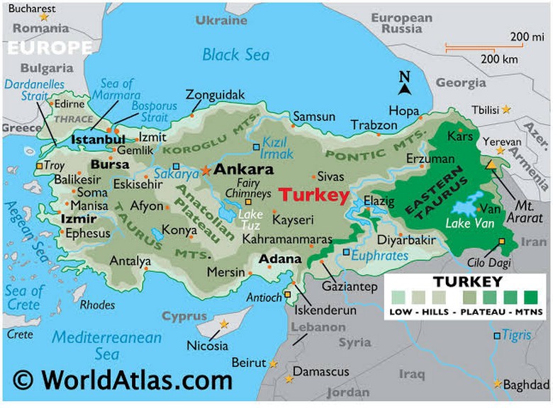 Bản đồ Thổ Nhĩ Kỳ thể hiện phần Anatolia ở châu Á và Đông Thrace ở châu Âu