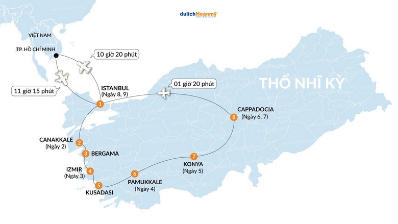 Bản đồ cung đường Istanbul - Cappadocia - Pamukkale - Ephesus