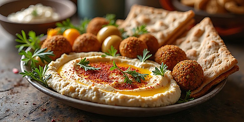 Đĩa hummus rưới dầu ô liu ăn kèm bánh mì pita